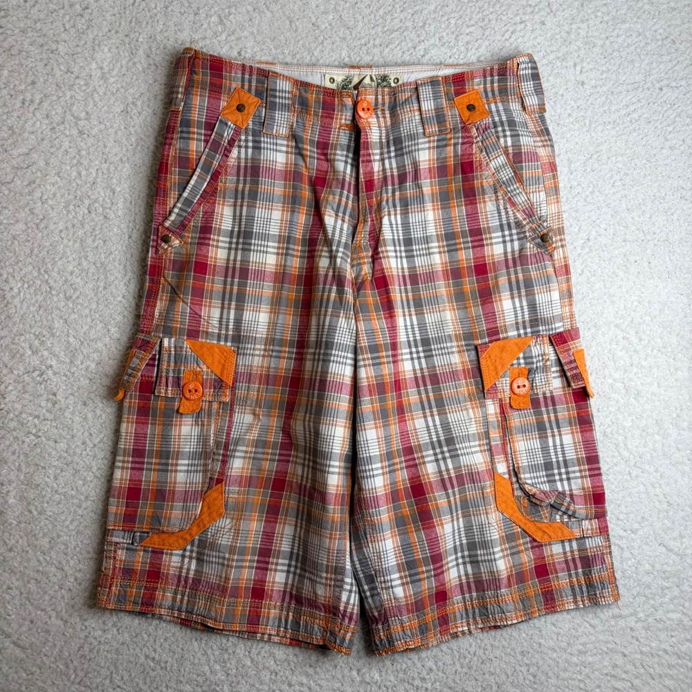 G-Net Mens Y2K Plaid Cargo Short Orange Red Paratrooper Skate Streetwear Size 34